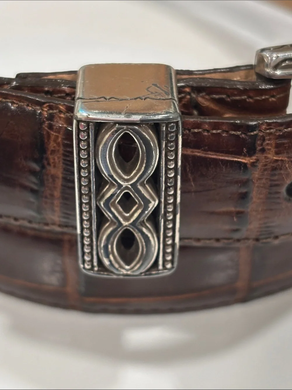 Brighton Brown Crocodile-Embossed Leather Belt with Silver Decorative Buckle